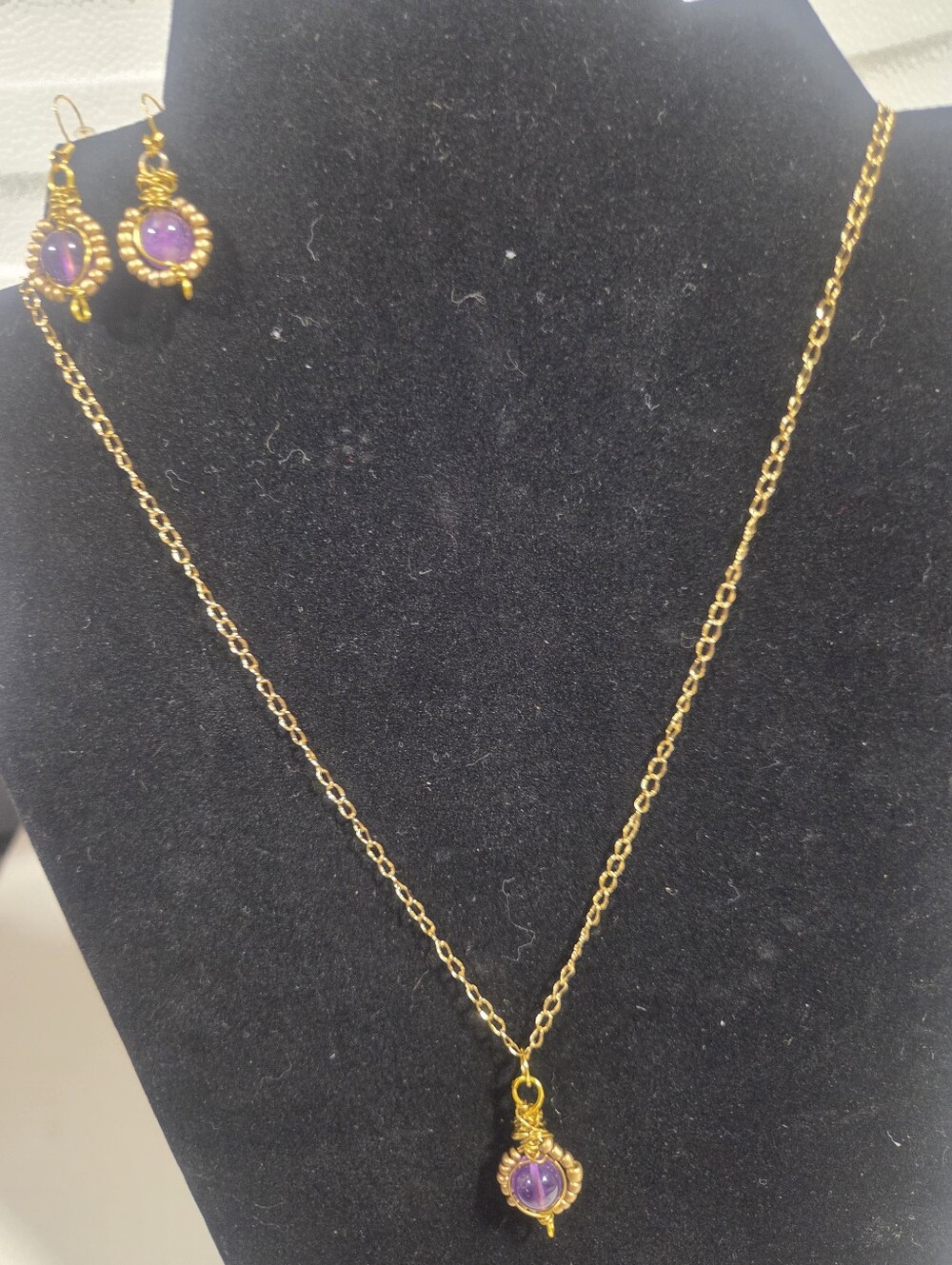 Handcrafted Gold Chain Necklace and Earring Set with Purple Stone